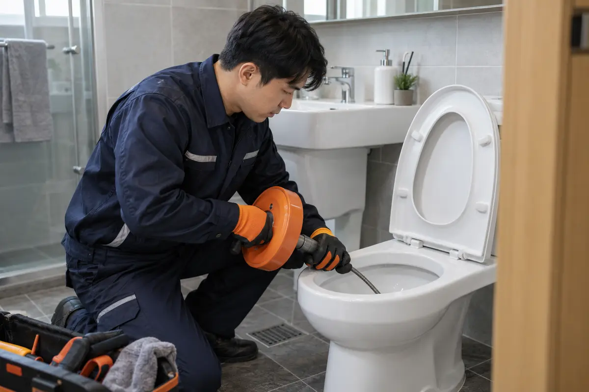 관악구 변기막힘 — 장비로 변기 배수 상태를 확인하는 작업 장면
